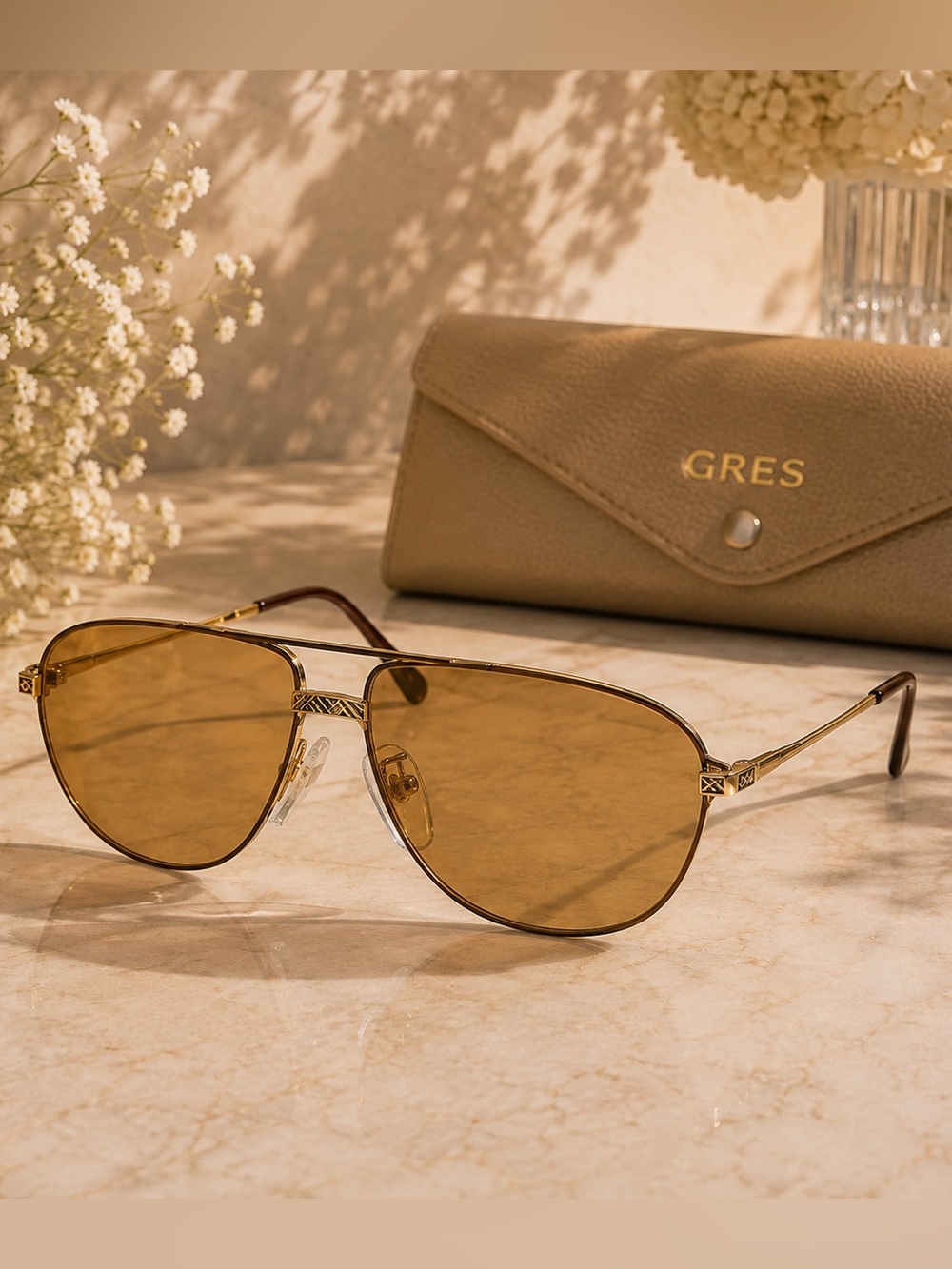 Gres Titanium Aviator Sunglasses Gold Frame Japan Amber Lens Vintage